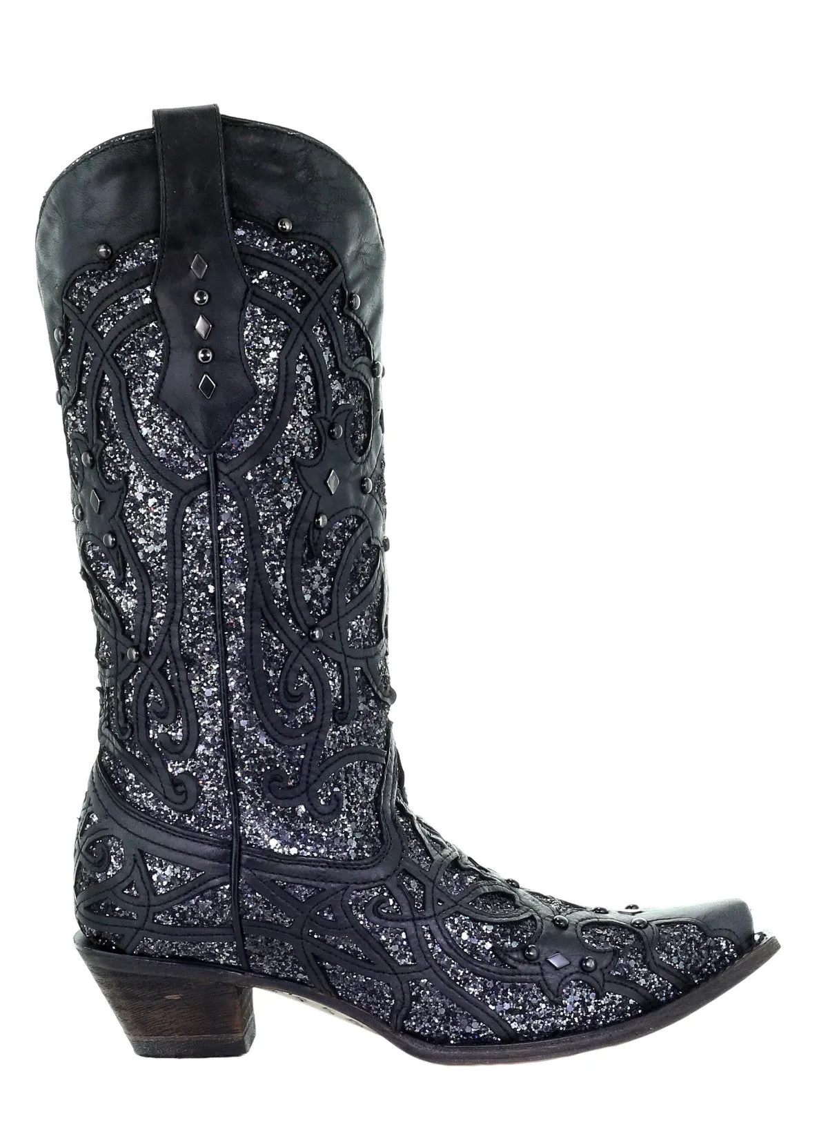 Corral Black Glitter Inlay and Studs Snip Toe Style C3423