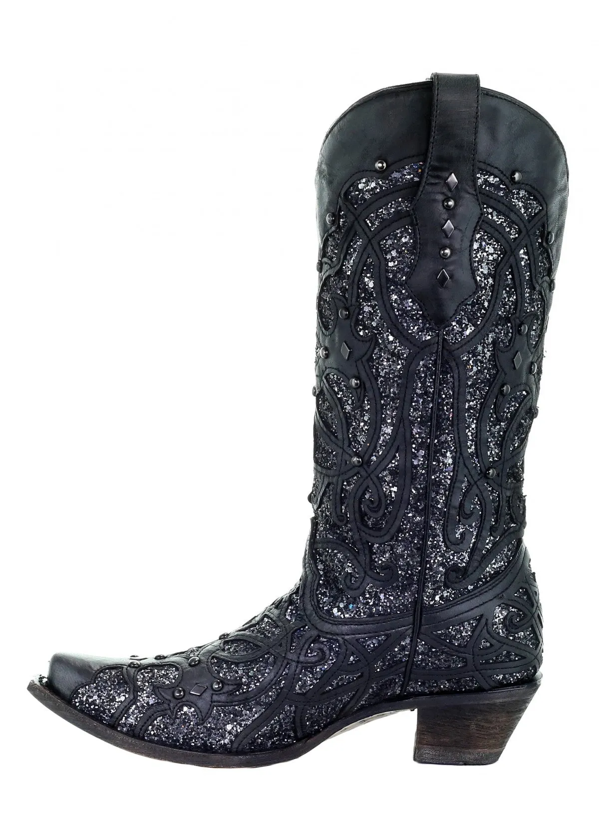 Corral Black Glitter Inlay and Studs Snip Toe Style C3423