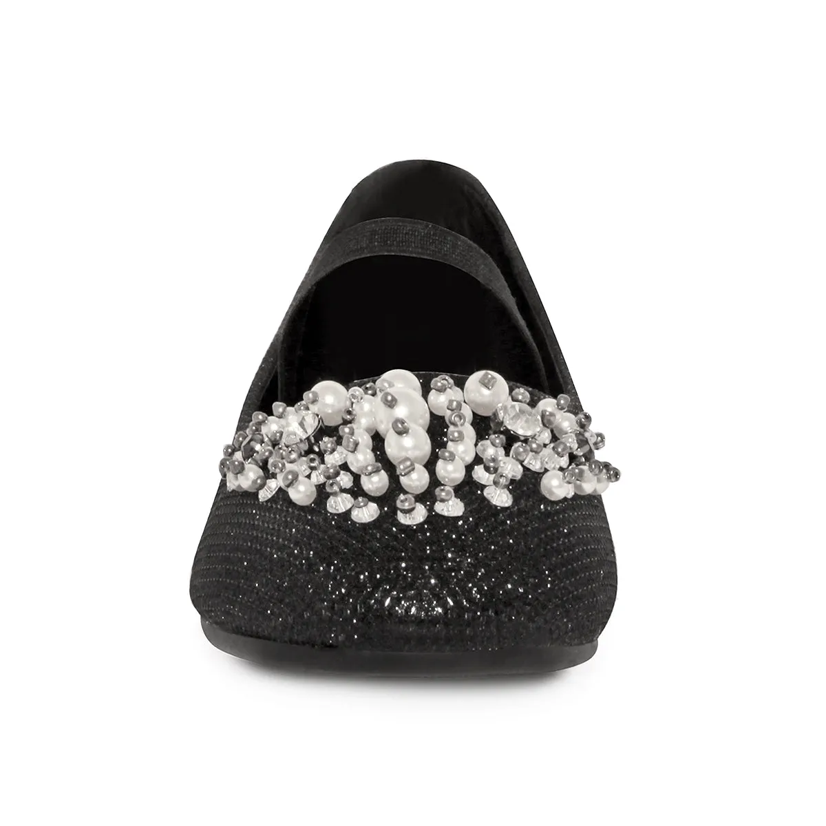 DAHLIA KIDS PEARL & DIAMANTE EMBELLISHED FLATFORM SHOES IN BLACK