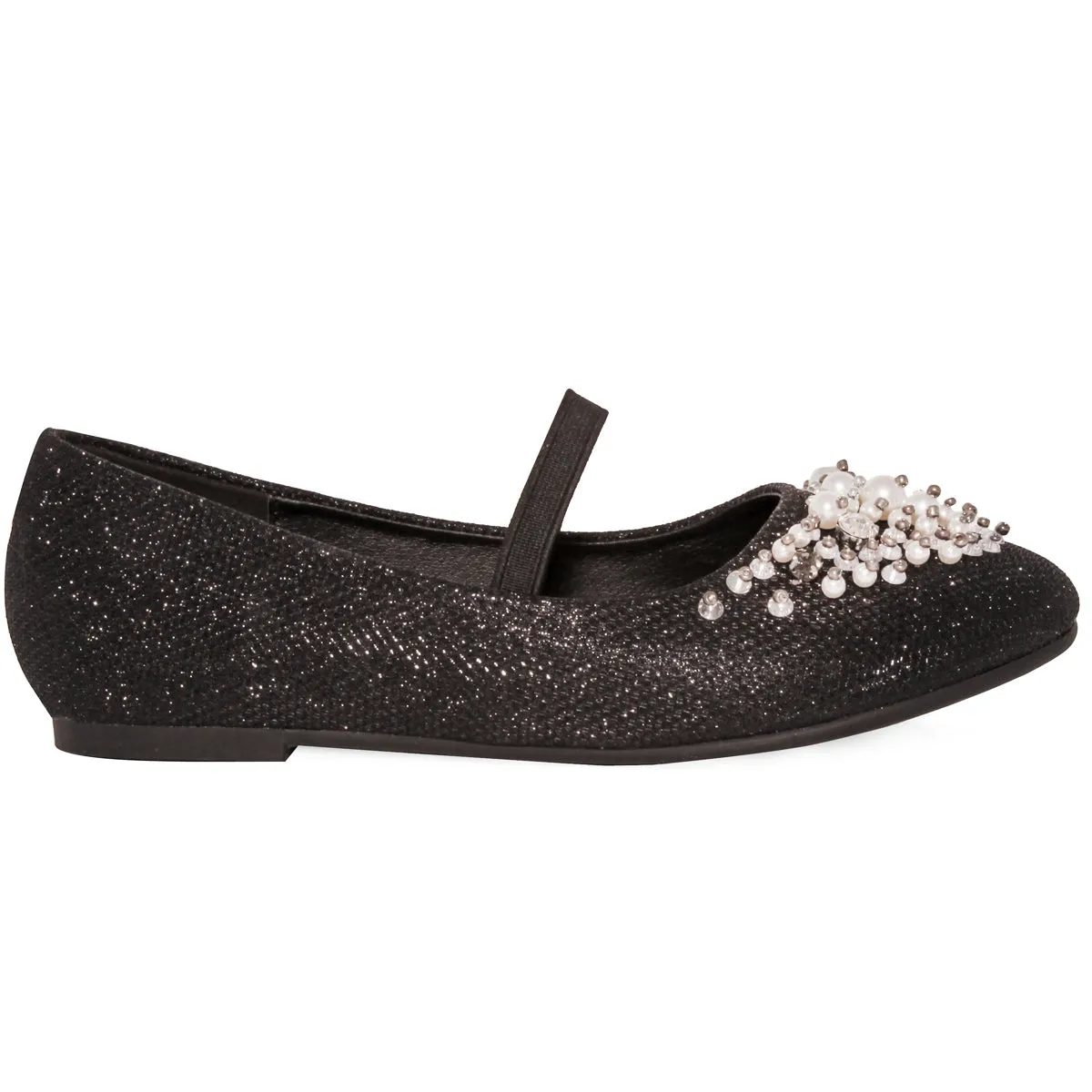 DAHLIA KIDS PEARL & DIAMANTE EMBELLISHED FLATFORM SHOES IN BLACK