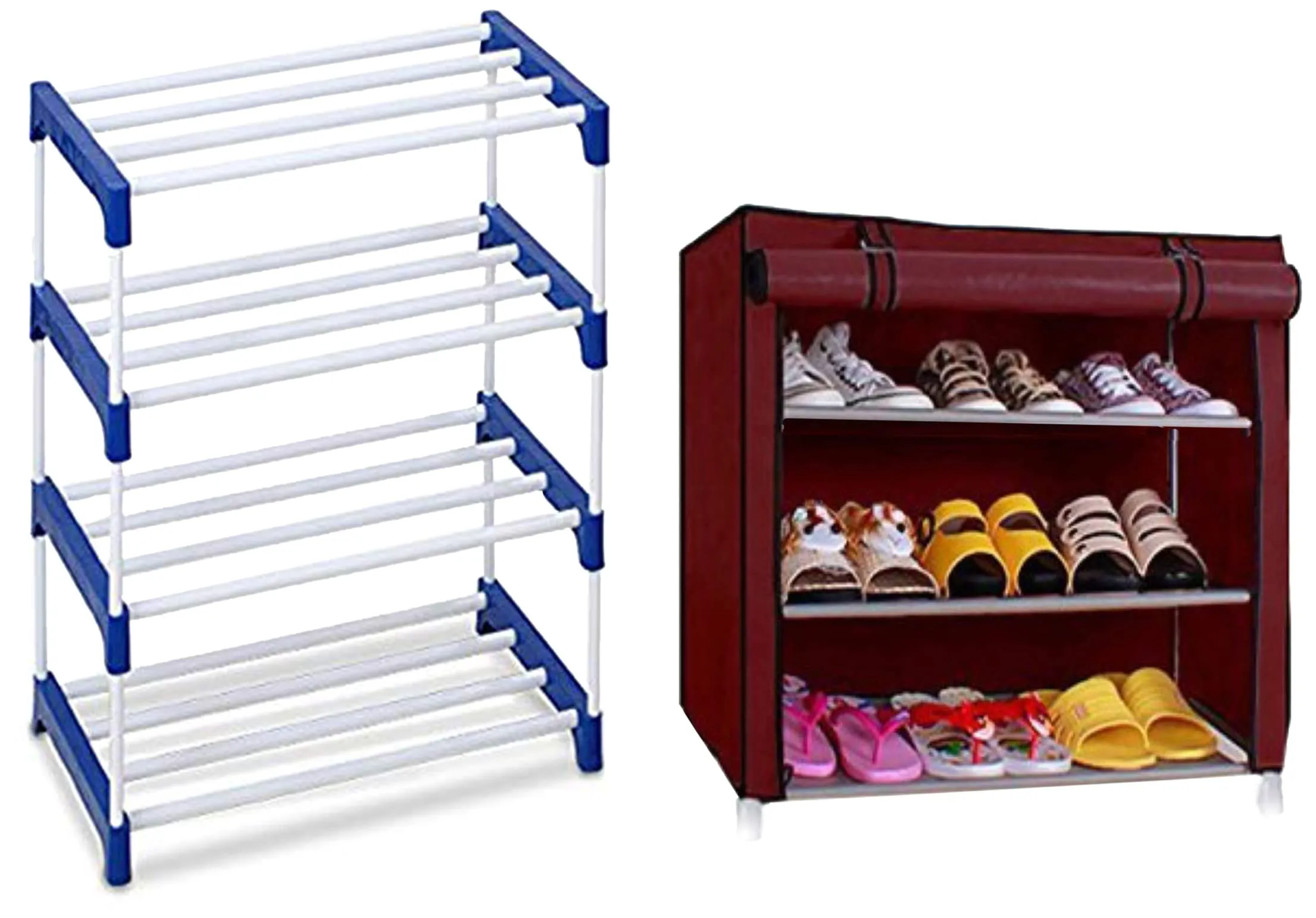 Ebee 8 Pair Metal Shoe Stand (Blue, 4 Shelves) Foldable Shoe Rack with 3 Shelves (Maroon)