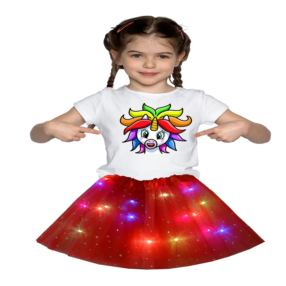 FancyDressWale Unicorn Red Tutu LED Skirt and Top Birthday Dress for Girls-B2