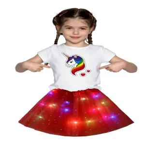 FancyDressWale Unicorn Red Tutu LED Skirt and Top Birthday Dress for Girls-B6