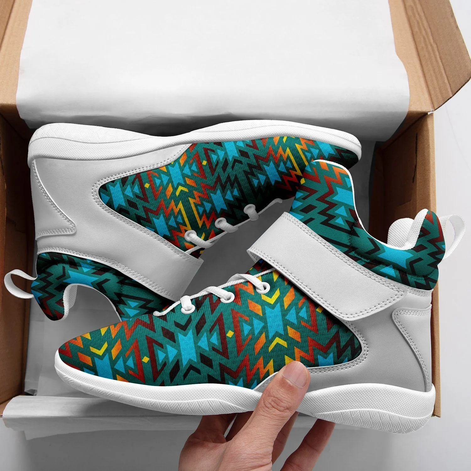 Fire Colors and Turquoise Teal Kid's Ipottaa Basketball / Sport High Top Shoes