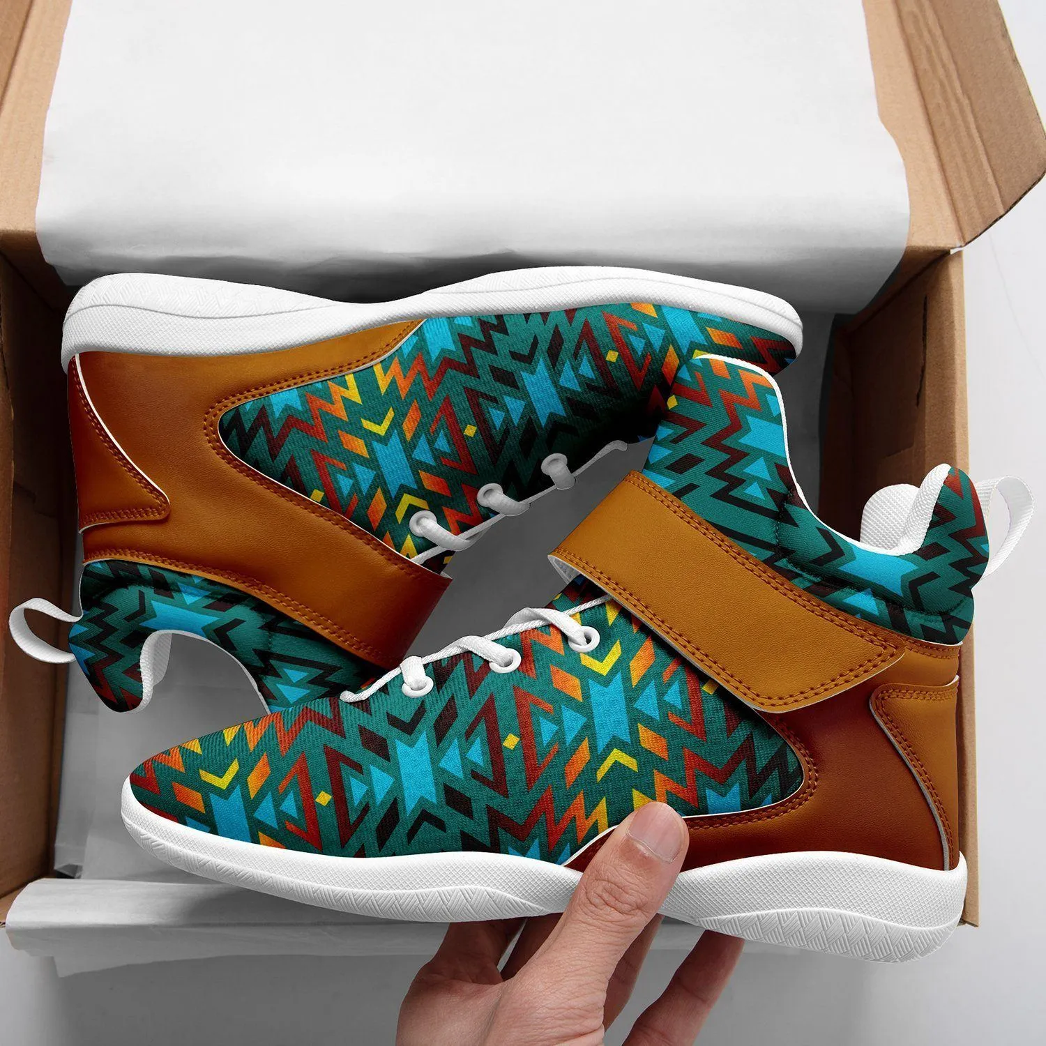 Fire Colors and Turquoise Teal Kid's Ipottaa Basketball / Sport High Top Shoes