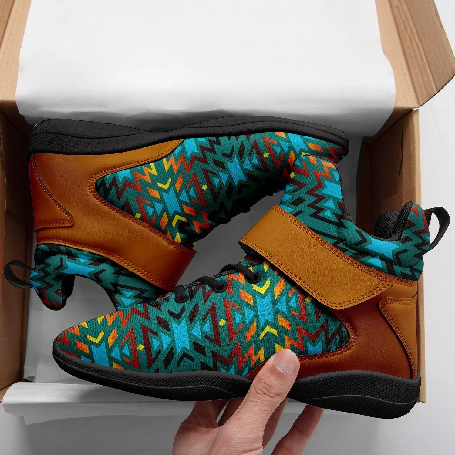 Fire Colors and Turquoise Teal Kid's Ipottaa Basketball / Sport High Top Shoes