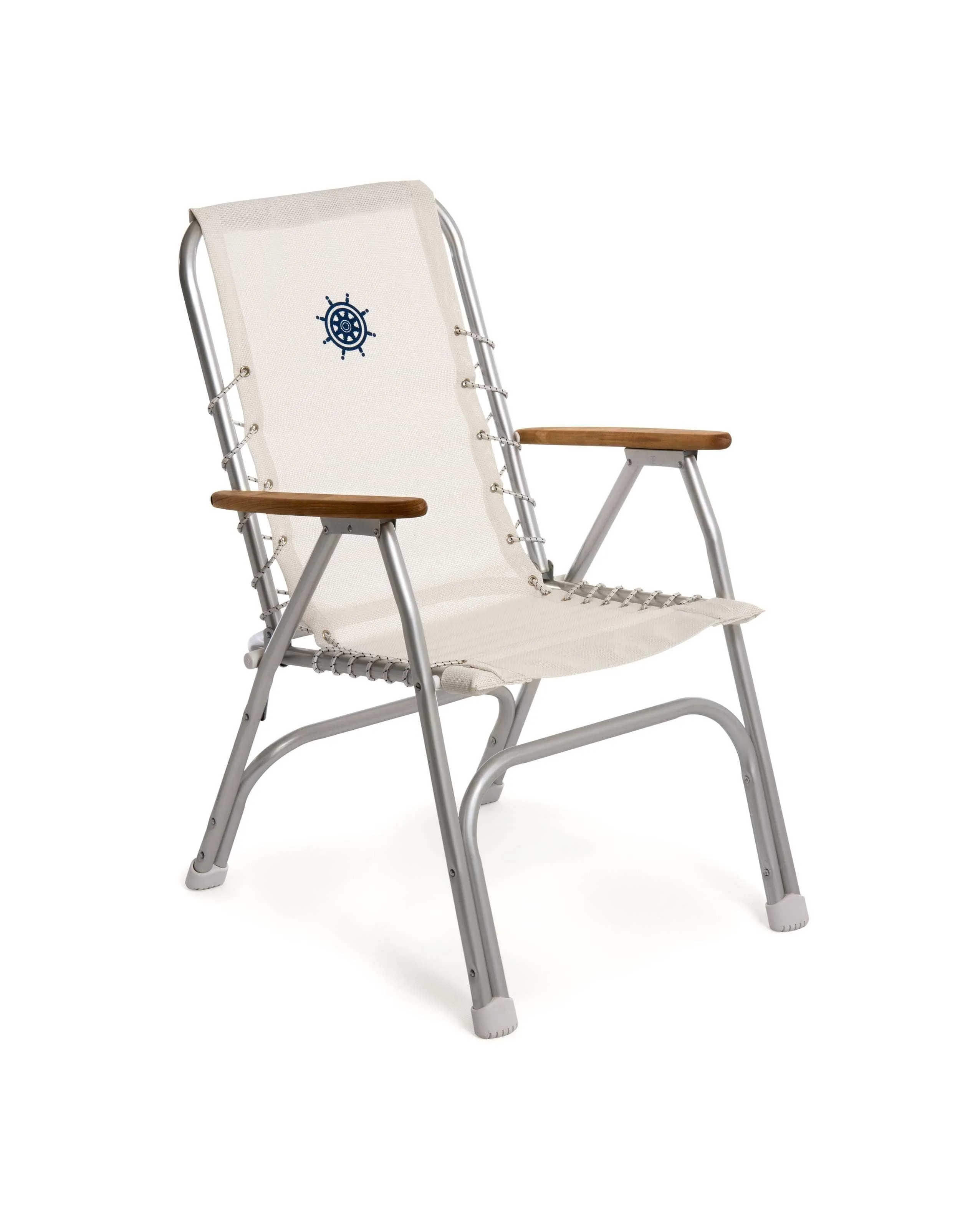 Folding Aluminum High Back Boat Chair With Teak Armrests Textilene Fabric M150V