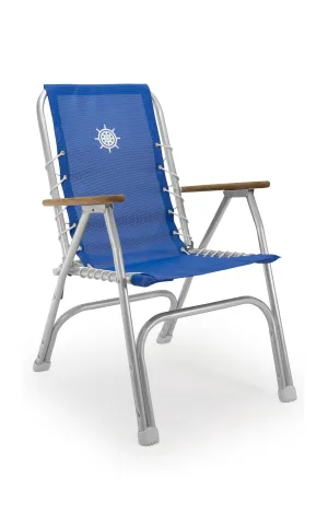 Folding Aluminum High Back Boat Chair With Teak Armrests Textilene Fabric M150V