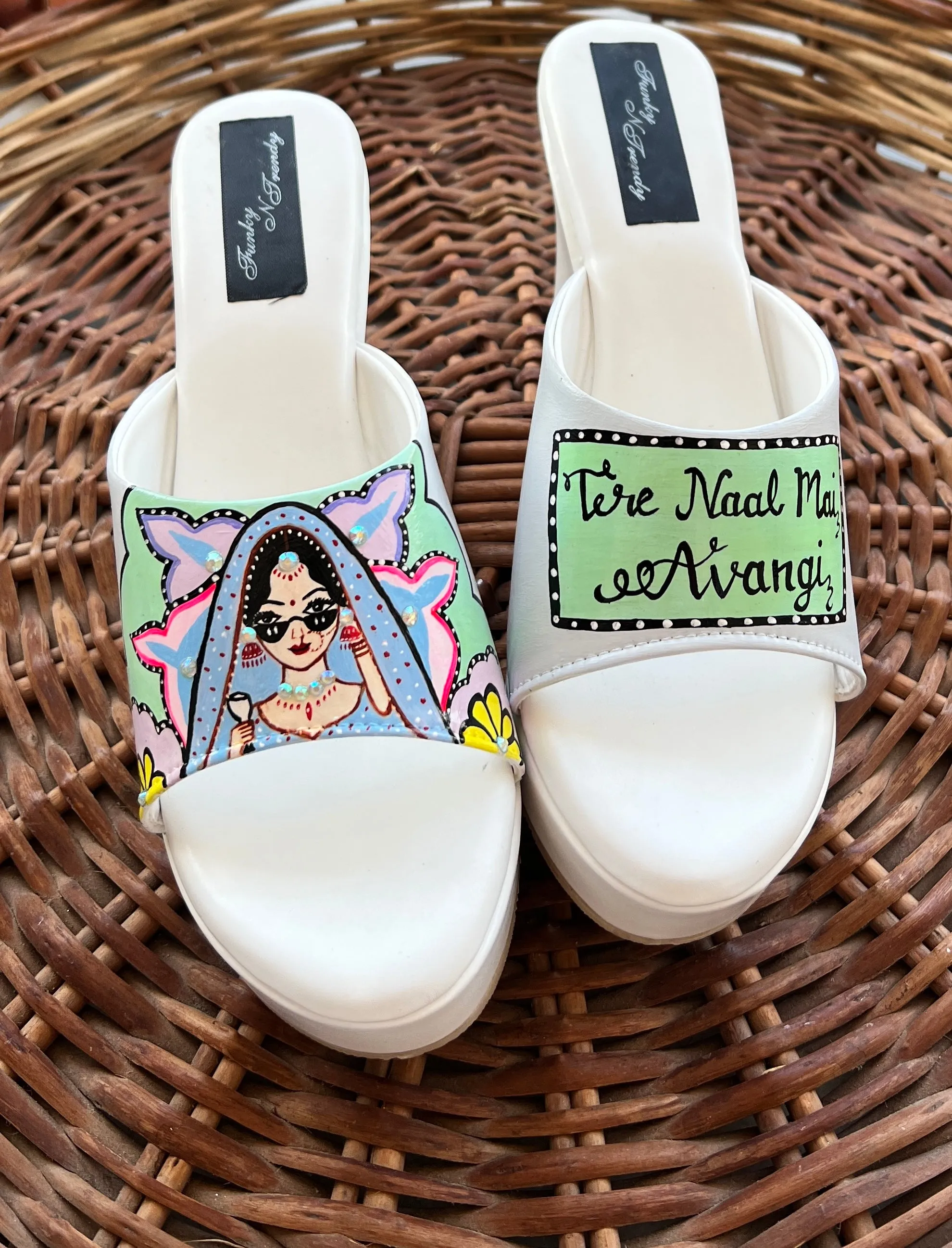 FUNKY N TRENDY hand painted water resistant wedding theme wedges for bride / handpainted heels / quirky heels/ kudi pataka sandals / kudi pataka heels / white heels/ green wedges