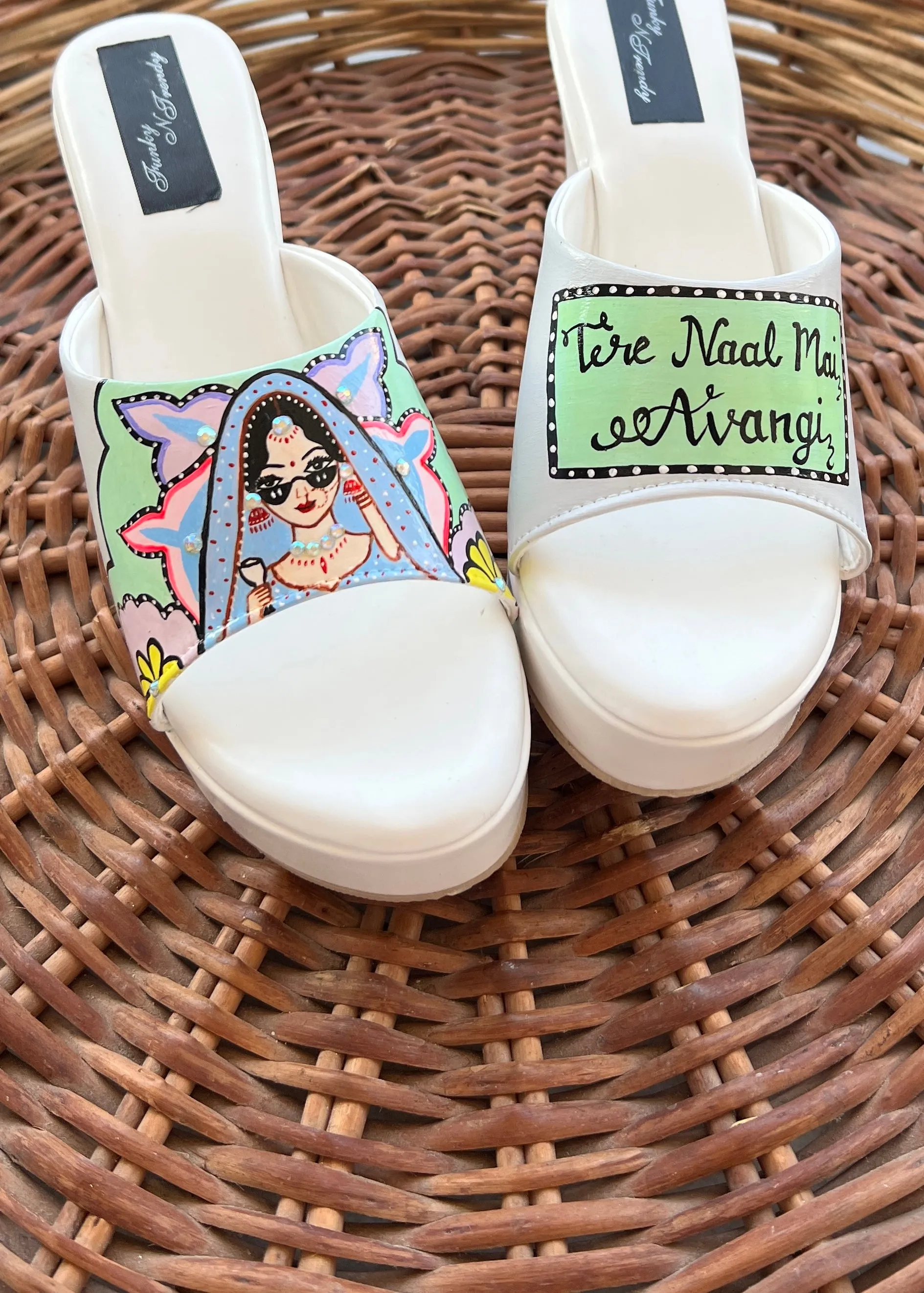 FUNKY N TRENDY hand painted water resistant wedding theme wedges for bride / handpainted heels / quirky heels/ kudi pataka sandals / kudi pataka heels / white heels/ green wedges