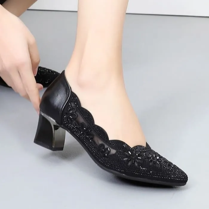 Genuine Leather Hollow Out Crystal Women Office Shoes