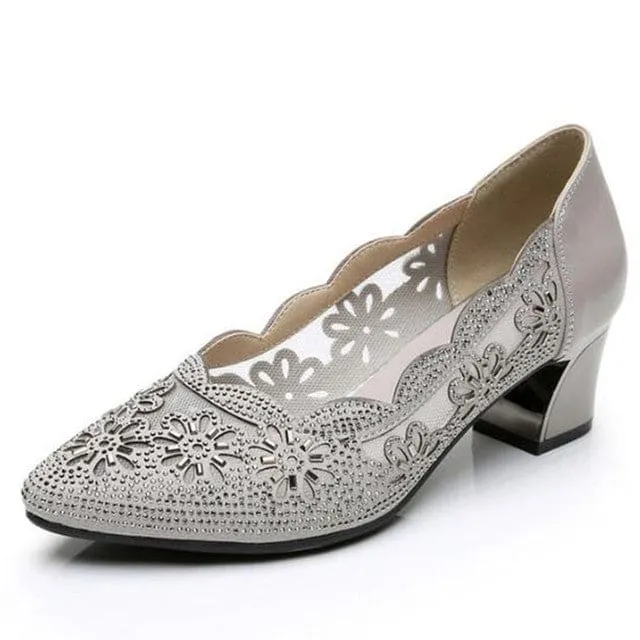 Genuine Leather Hollow Out Crystal Women Office Shoes