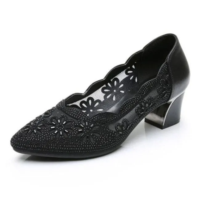 Genuine Leather Hollow Out Crystal Women Office Shoes