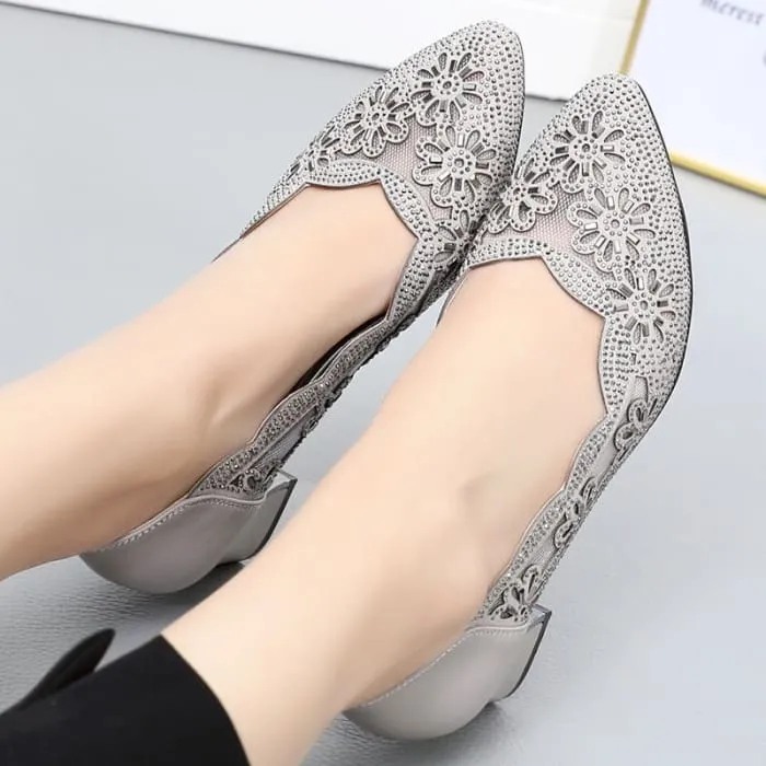 Genuine Leather Hollow Out Crystal Women Office Shoes