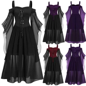 Halloween Joskaa Gothic Medieval Dress Mesh Eyelet Sling Drop Shoulder Witch Dress Butterfly Sleeve Lace Up Halloween Witch Sling Dress