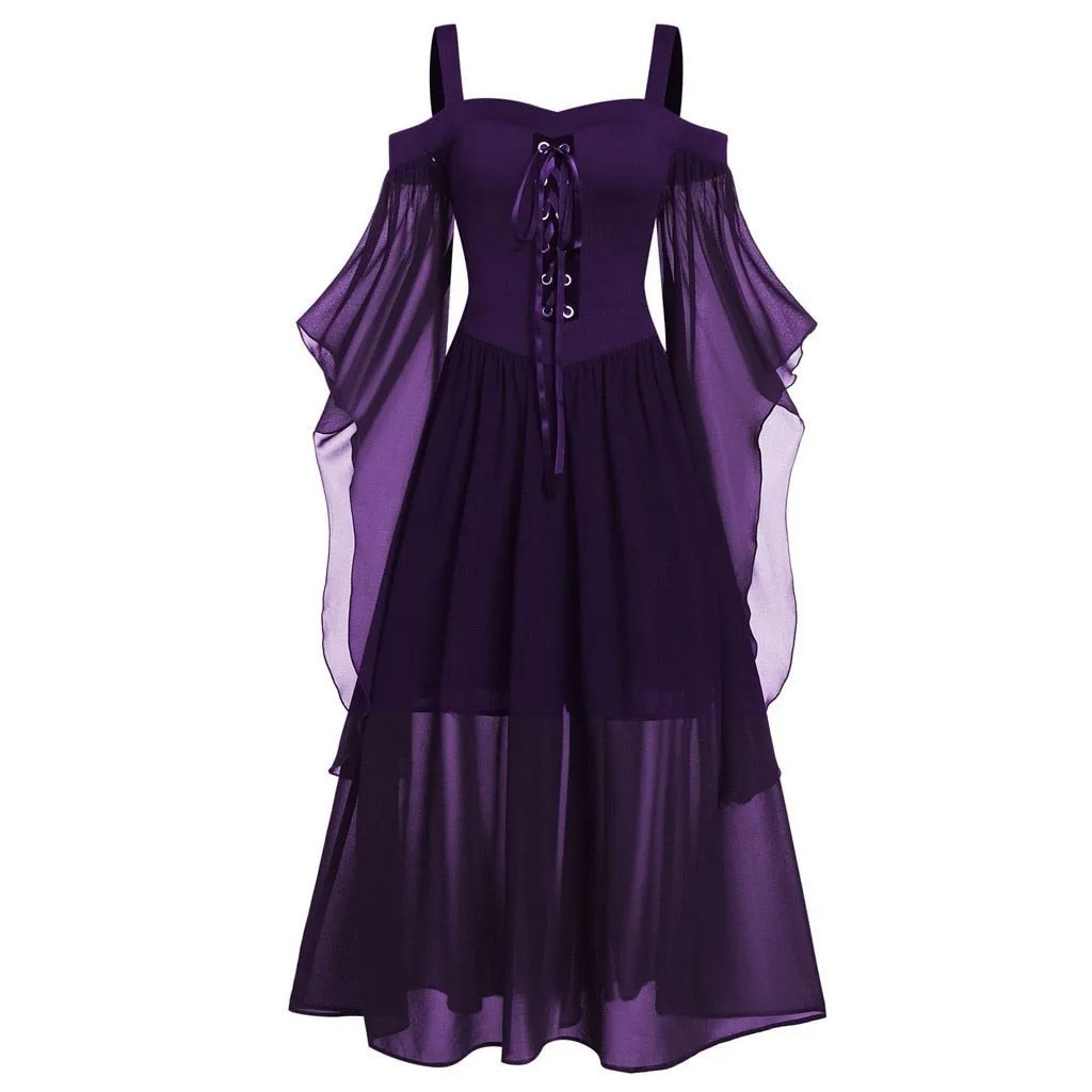 Halloween Joskaa Gothic Medieval Dress Mesh Eyelet Sling Drop Shoulder Witch Dress Butterfly Sleeve Lace Up Halloween Witch Sling Dress