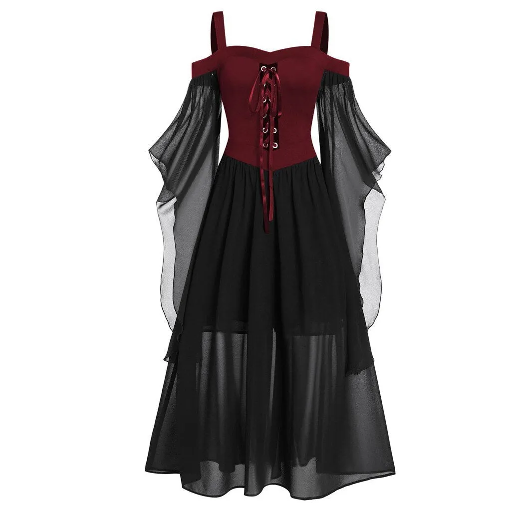 Halloween Joskaa Gothic Medieval Dress Mesh Eyelet Sling Drop Shoulder Witch Dress Butterfly Sleeve Lace Up Halloween Witch Sling Dress