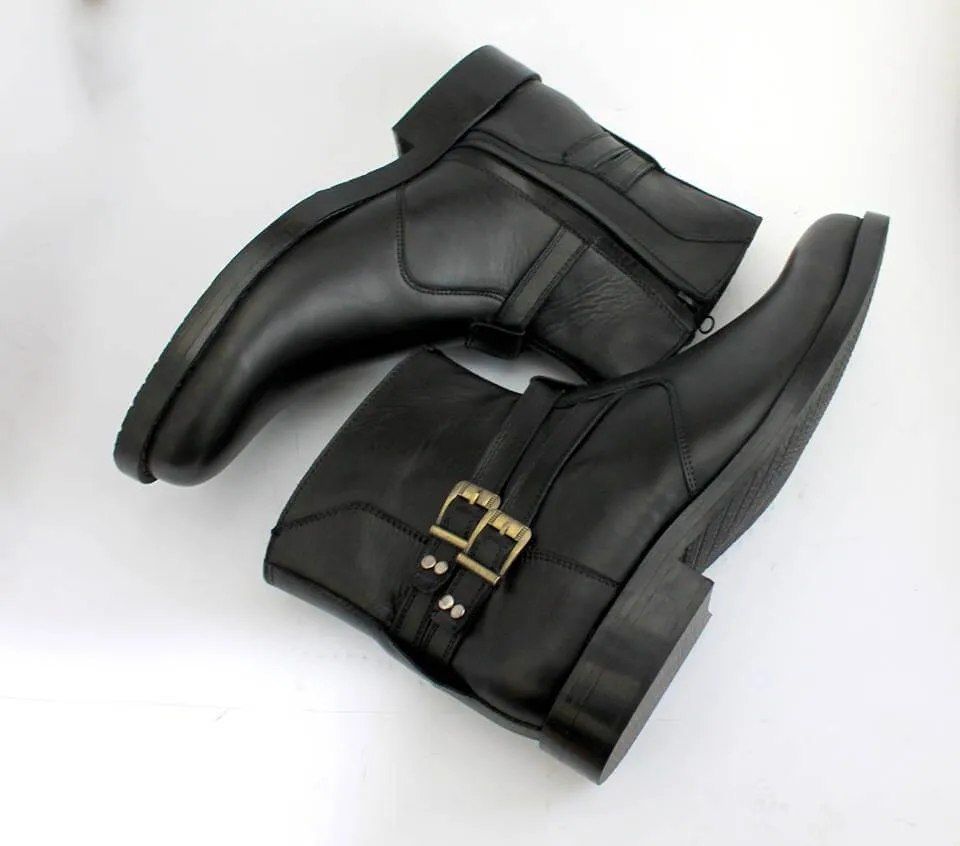 HANDMADE ANKLE HIGH BOOTS SIDE ZIPPER BUCKLE LEATHER MENS