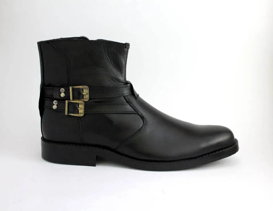 HANDMADE ANKLE HIGH BOOTS SIDE ZIPPER BUCKLE LEATHER MENS