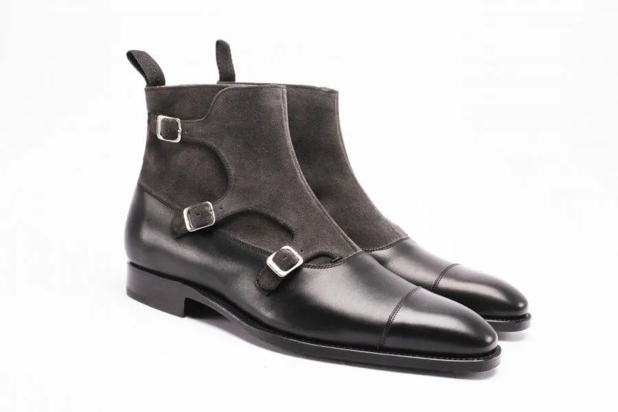 Handmade Black Leather Suede Triple Monk Boot,Oxford Boot