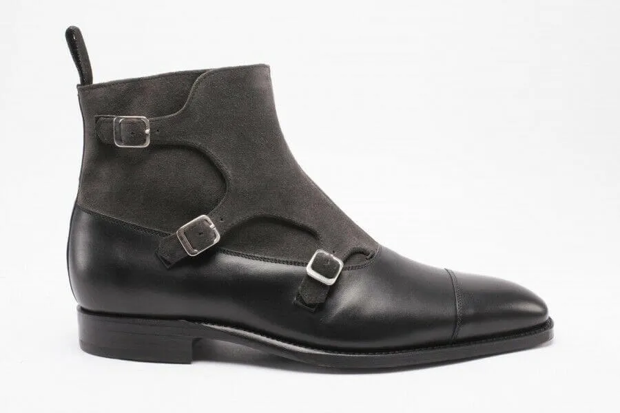 Handmade Black Leather Suede Triple Monk Boot,Oxford Boot