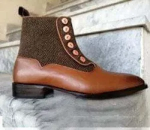 Handmade Brogue Toe Leather Tweed Button Tan Boot