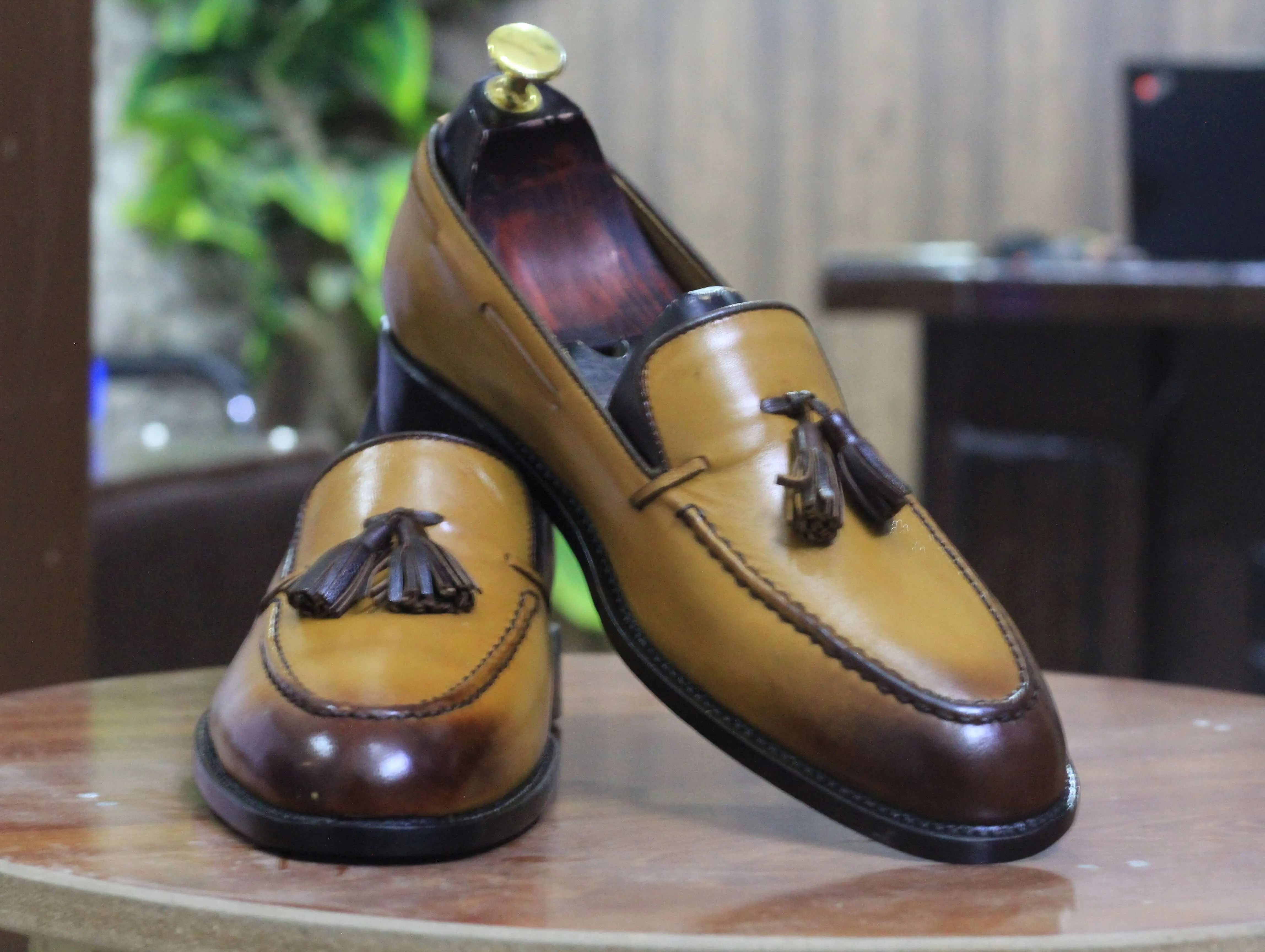 Handmade Brown Leather Loafer Tussle Shoes, Men's Party Shoes