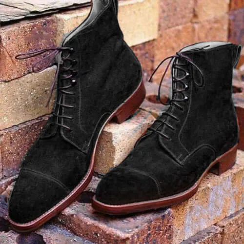 Handmade Men's Black Suede Cap-Toe Ankle Boots Suede Lace-up Boots