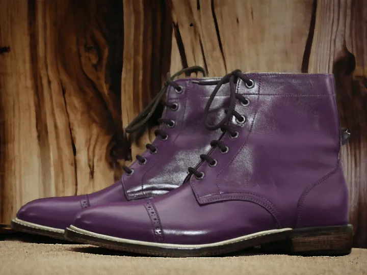 Handmade Men's Purple Leather Ankle High Boot, Lace Up Cap Toe Boot