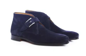 Handmade Men's Suede Navy Blue Leather Chukka Monk Strap Boots