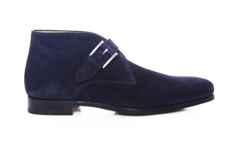 Handmade Men's Suede Navy Blue Leather Chukka Monk Strap Boots