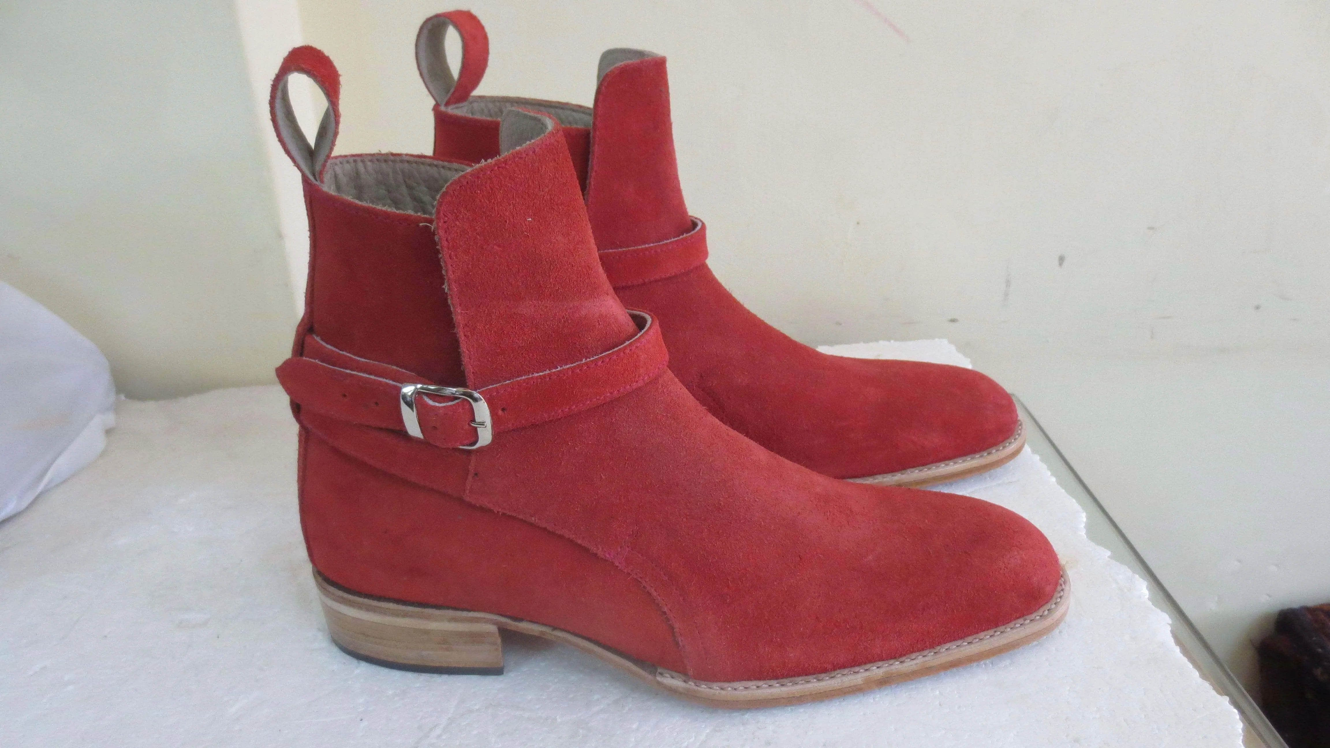 Handmade Red Suede Buckle Jodhpurs Boots