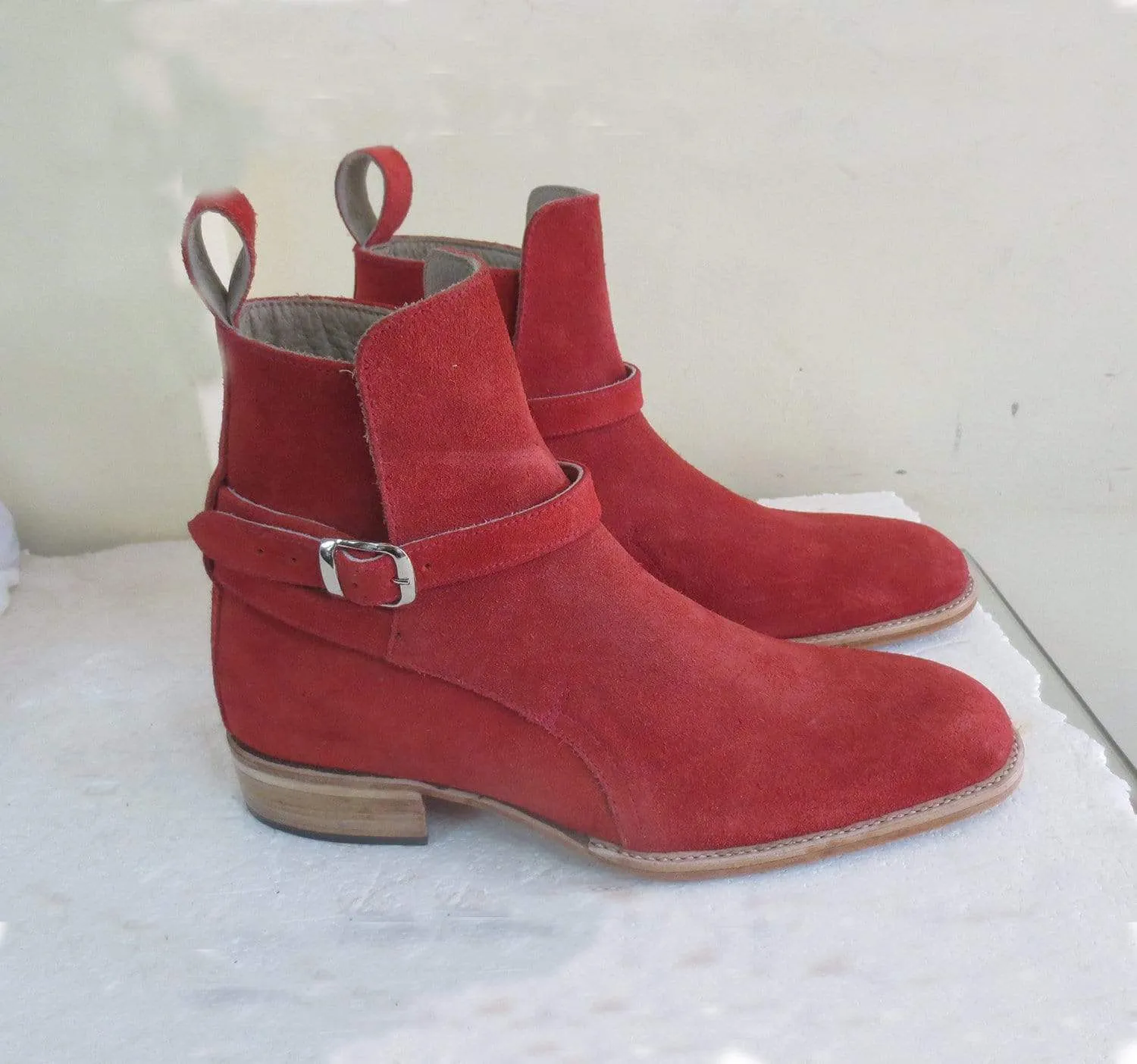 Handmade Red Suede Buckle Jodhpurs Boots