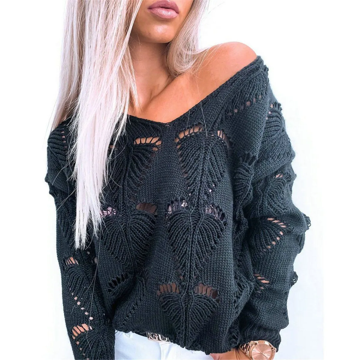 Hollow Out Design See Through V-Neck Long Sleeve Sweater