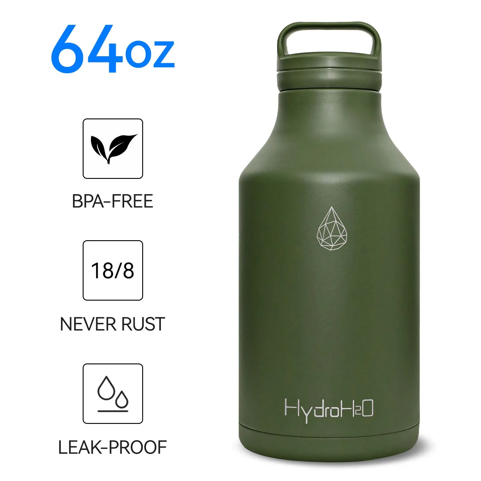 HYDRO H2O 64oz Stainless Steel Water Bottle, 1/2 gallon Vacuum Insulated Durable Jug, BPA-Free Metal Flask,Lightweight Double Wall Large Thermos for camping,sports,Gym, (Half Gallon Green)