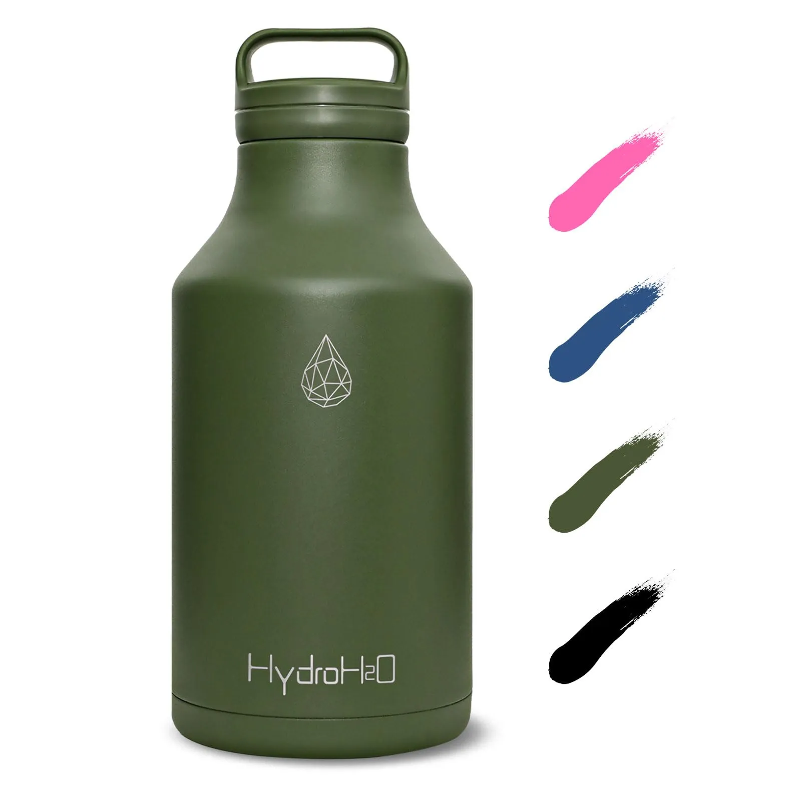 HYDRO H2O 64oz Stainless Steel Water Bottle, 1/2 gallon Vacuum Insulated Durable Jug, BPA-Free Metal Flask,Lightweight Double Wall Large Thermos for camping,sports,Gym, (Half Gallon Green)