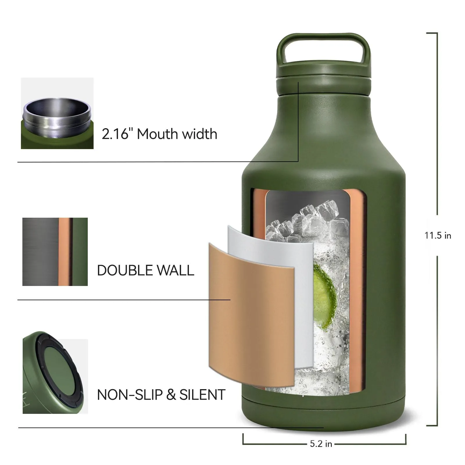 HYDRO H2O 64oz Stainless Steel Water Bottle, 1/2 gallon Vacuum Insulated Durable Jug, BPA-Free Metal Flask,Lightweight Double Wall Large Thermos for camping,sports,Gym, (Half Gallon Green)