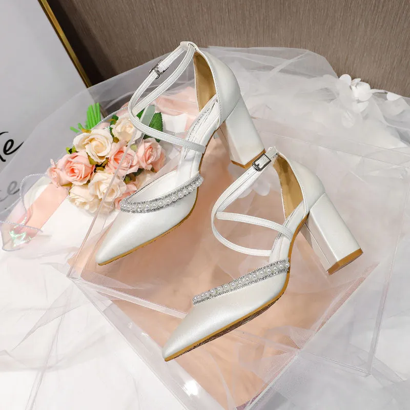 ikearlax Cross-Border High Heels Pointed Toe Chunky Heel Cross Strap Rhinestone Pearl Decoration White Wedding Bridal Shoes Banquet Women's Shoes 43