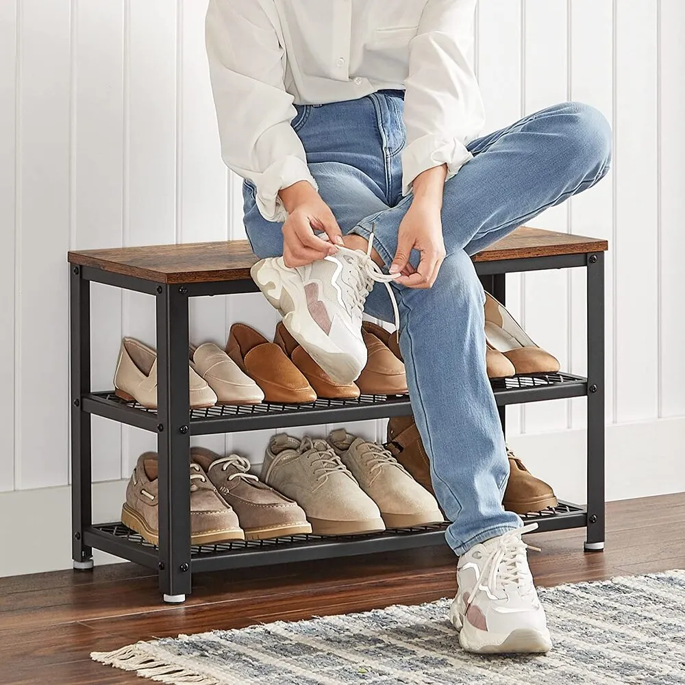 Industrial Shoe Bench with Seat & 2 Mesh Shelves - VASAGLE