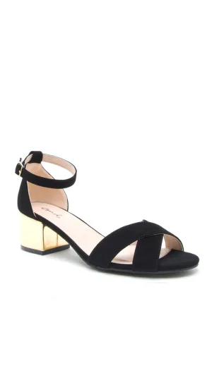 Jaden Criss Cross Black Suede Sandals Gold Block Heel