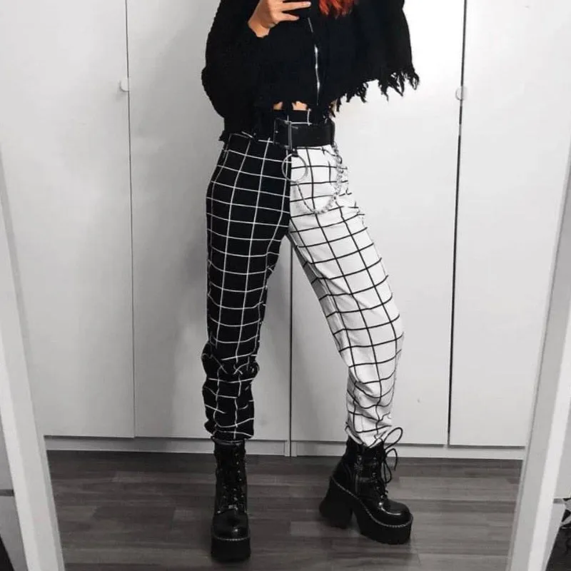 Joskaa Christmas Gift Women Jogger Pants Black White Checkerboard Splicing Casual Trousers Plaid Loose Slimming Wear Female Sports Cool Long Pants