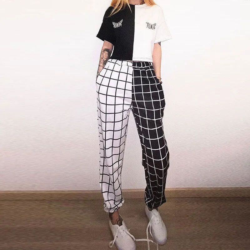 Joskaa Christmas Gift Women Jogger Pants Black White Checkerboard Splicing Casual Trousers Plaid Loose Slimming Wear Female Sports Cool Long Pants