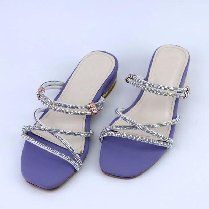 Ladies Fancy Rhinestone Cross Strap Low Heel Evening Sandal