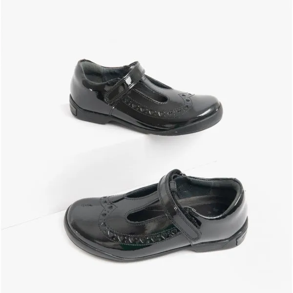 LEAP FROG Girls Leather T-Bar School School Shoes Patent Black