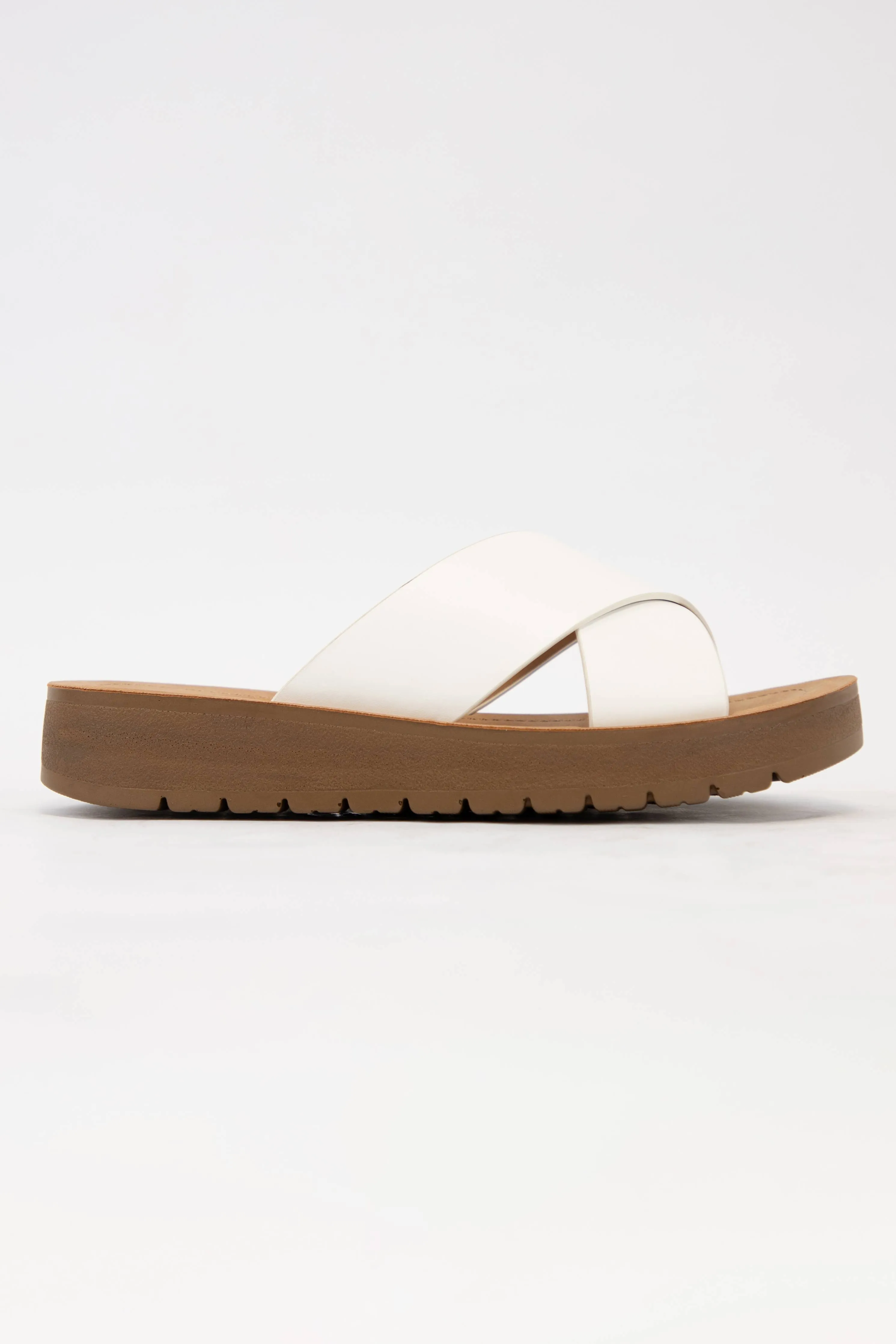 LUCY LIGHT-WEIGHT WEDGE PLATFORM CROSS STRAP SLIDE SANDAL: WHITE