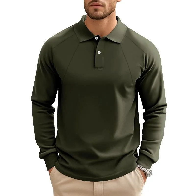 Men's Casual Solid Color Lapel Raglan Long Sleeve Polo Shirt