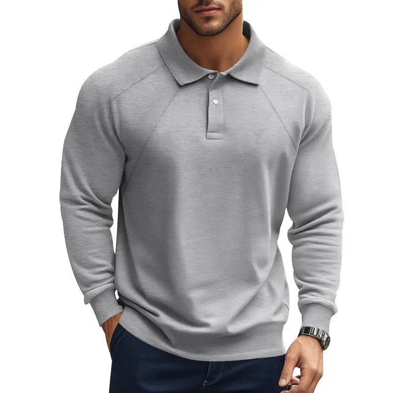 Men's Casual Solid Color Lapel Raglan Long Sleeve Polo Shirt