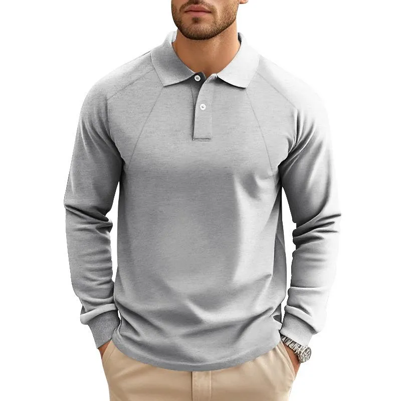 Men's Casual Solid Color Lapel Raglan Long Sleeve Polo Shirt