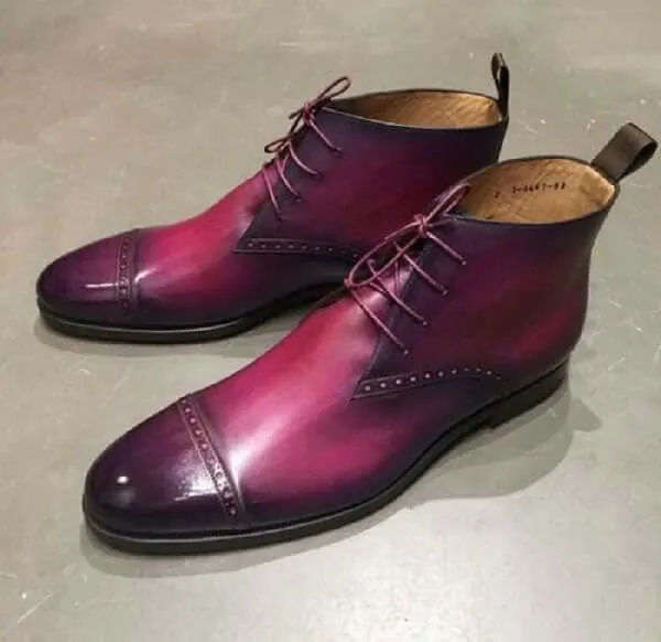 Men's Purple Cap Toe Leather Ankle Boots. Men Dress Formal Fashion Leather Boot