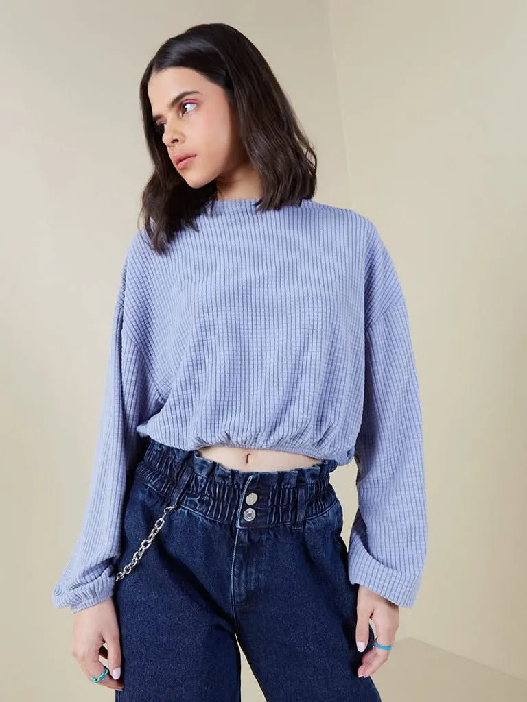 Nuon Blue Self-Textured Crop T-Shirt